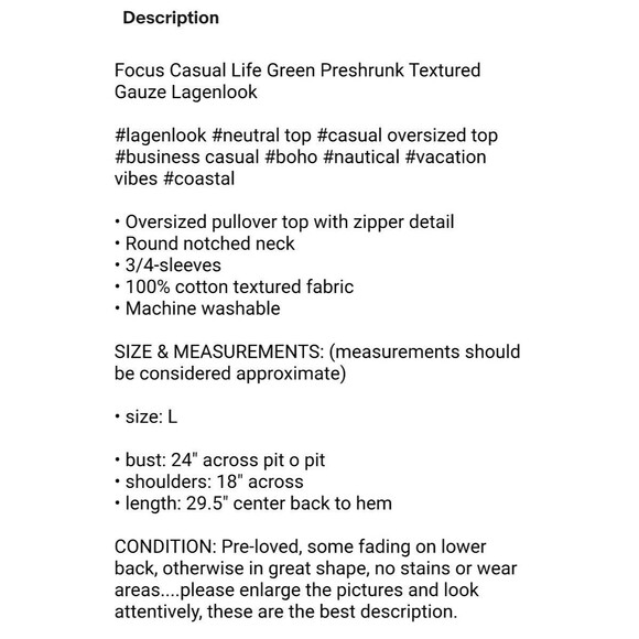 Focus Casual Life Green Preshrunk Textured Gauze Lagenlook Top w Zippers  Size L - Picture 7 of 7